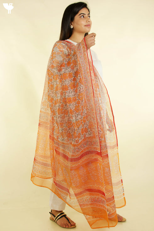 Kota Doria Dupatta In Floral Block Print